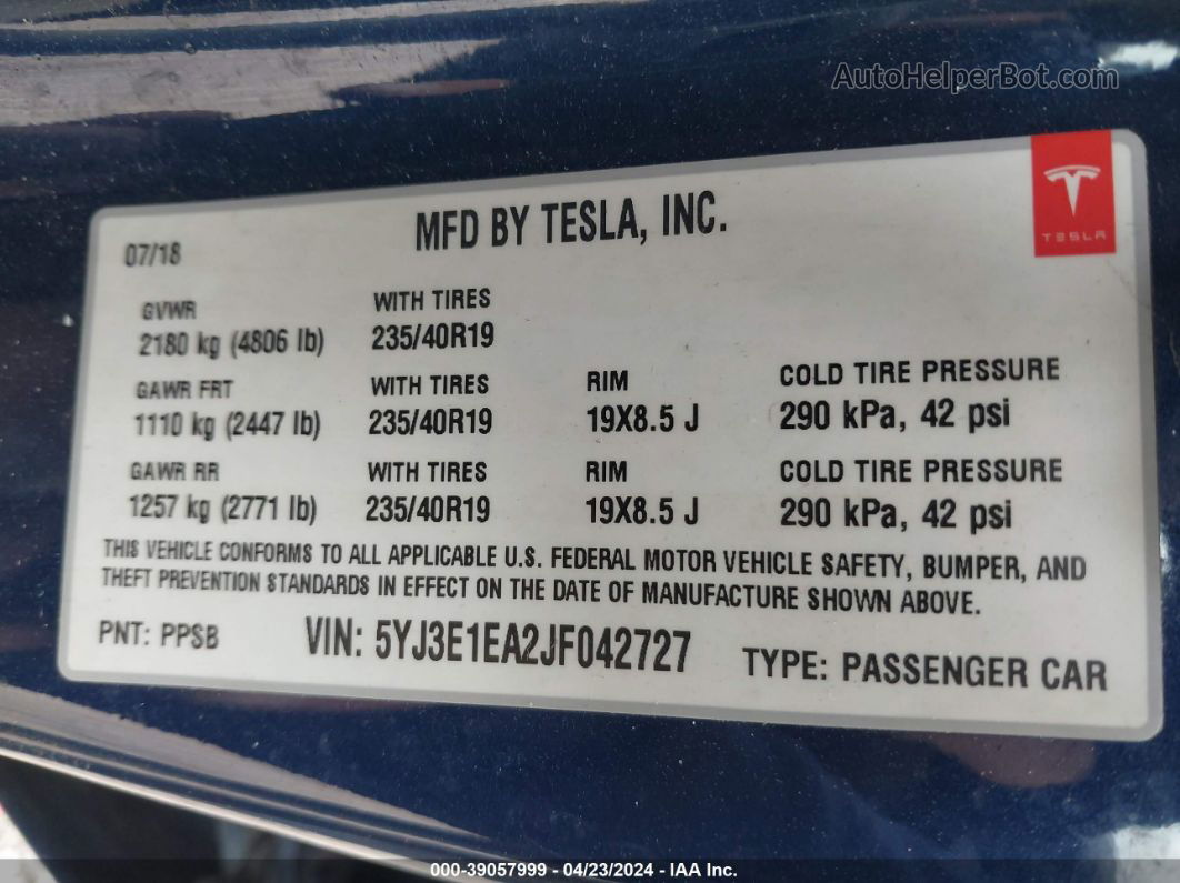 2018 Tesla Model 3 Long Range/mid Range Blue vin: 5YJ3E1EA2JF042727