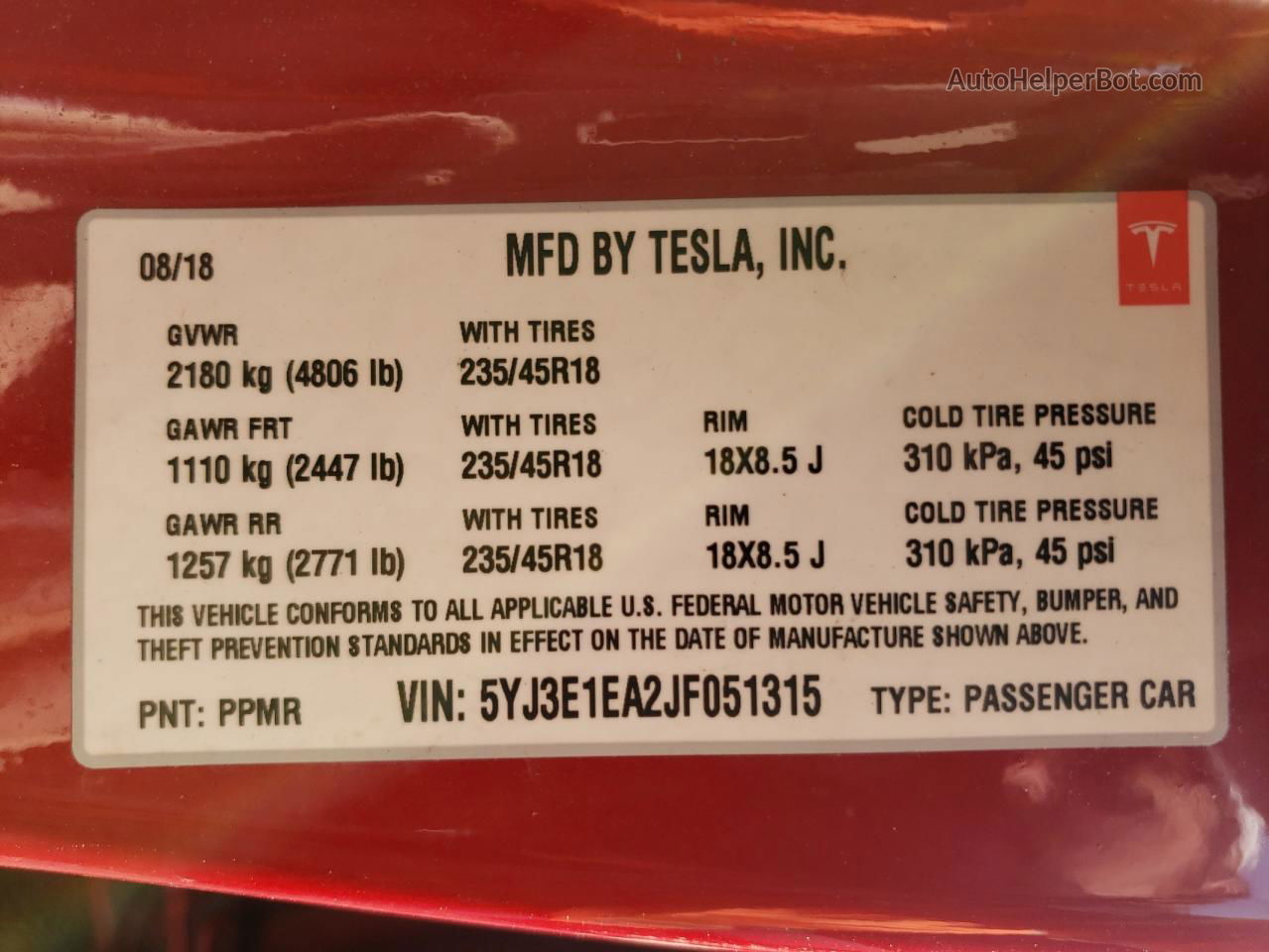 2018 Tesla Model 3  Красный vin: 5YJ3E1EA2JF051315