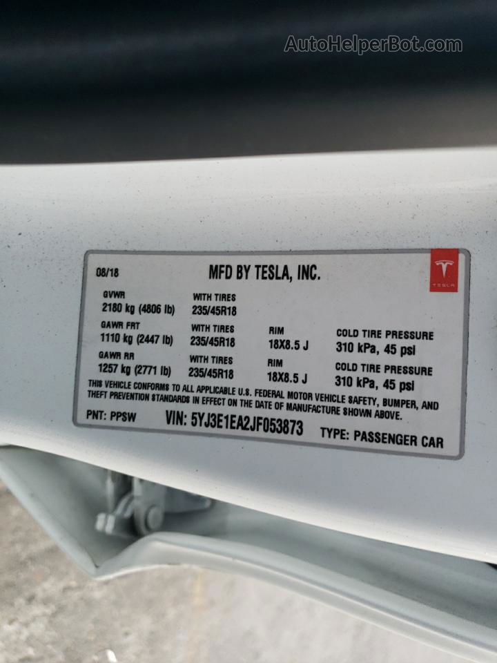 2018 Tesla Model 3  White vin: 5YJ3E1EA2JF053873