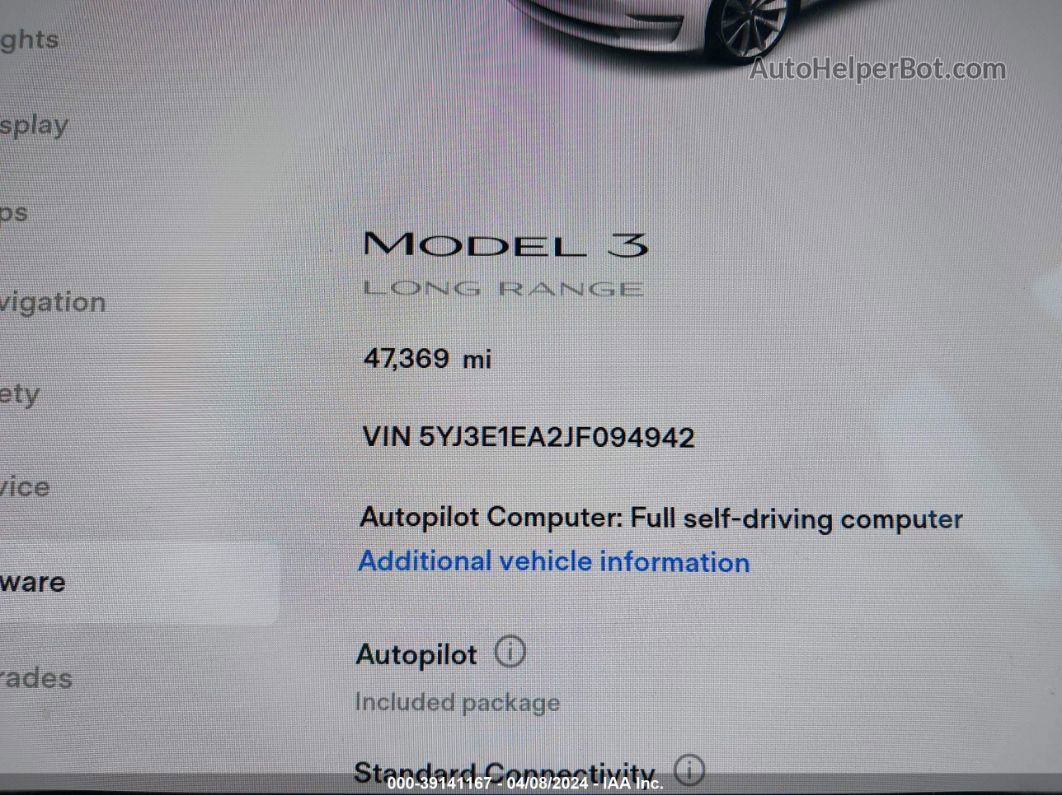 2018 Tesla Model 3   White vin: 5YJ3E1EA2JF094942