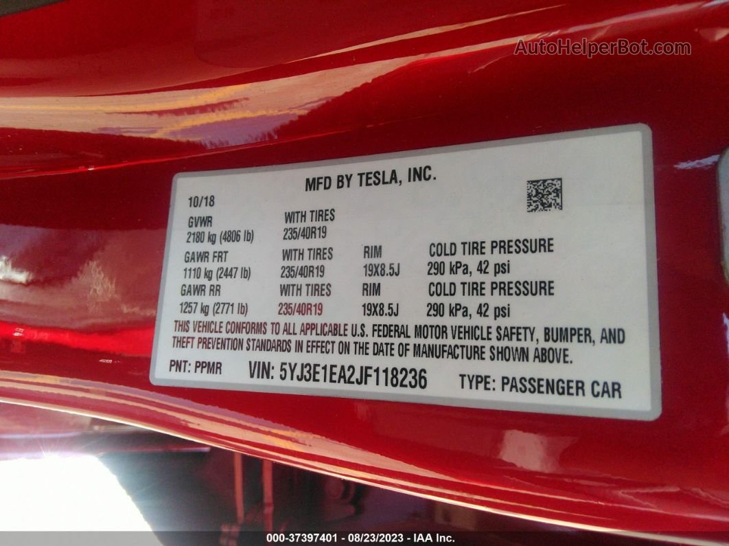 2018 Tesla Model 3 Long Range/mid Range Red vin: 5YJ3E1EA2JF118236