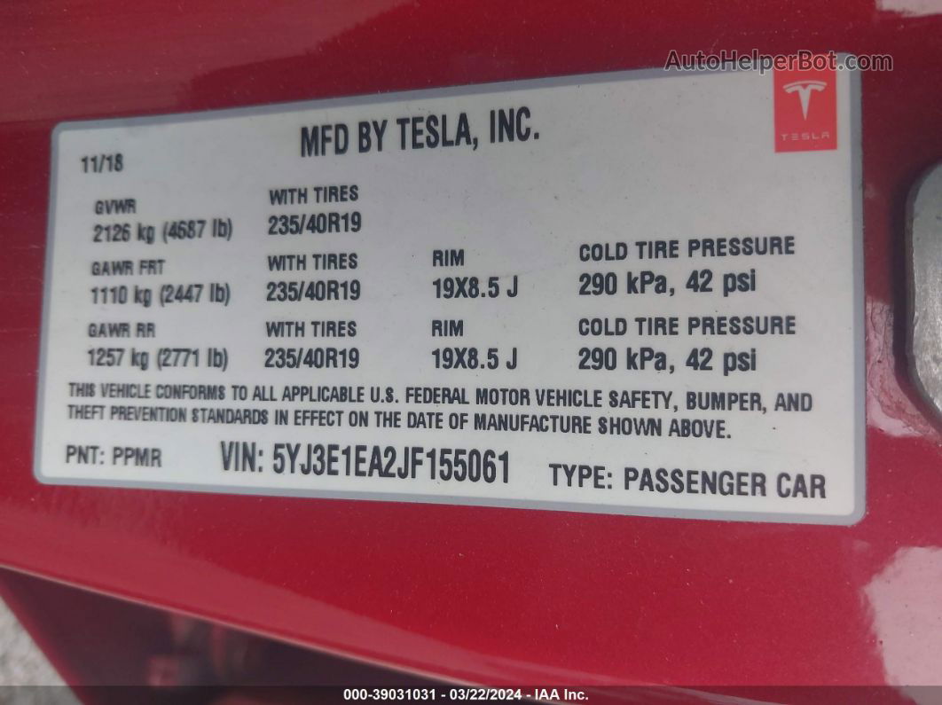 2018 Tesla Model 3 Long Range/mid Range Red vin: 5YJ3E1EA2JF155061