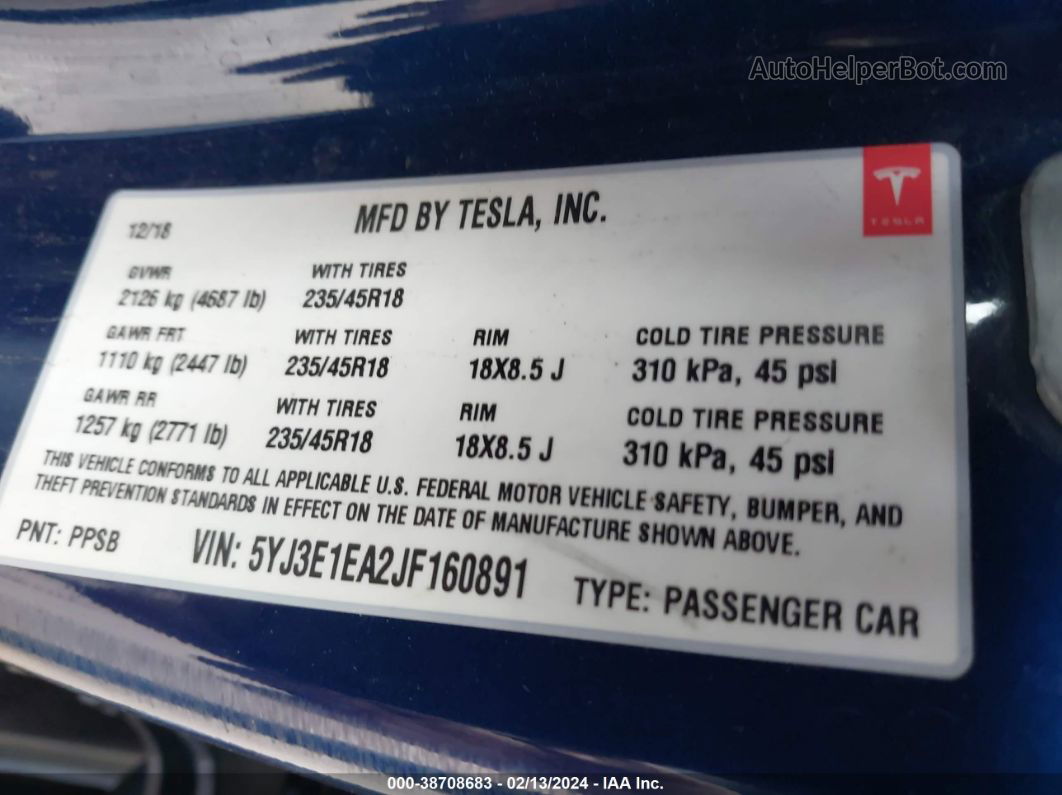 2018 Tesla Model 3 Long Range/mid Range Blue vin: 5YJ3E1EA2JF160891