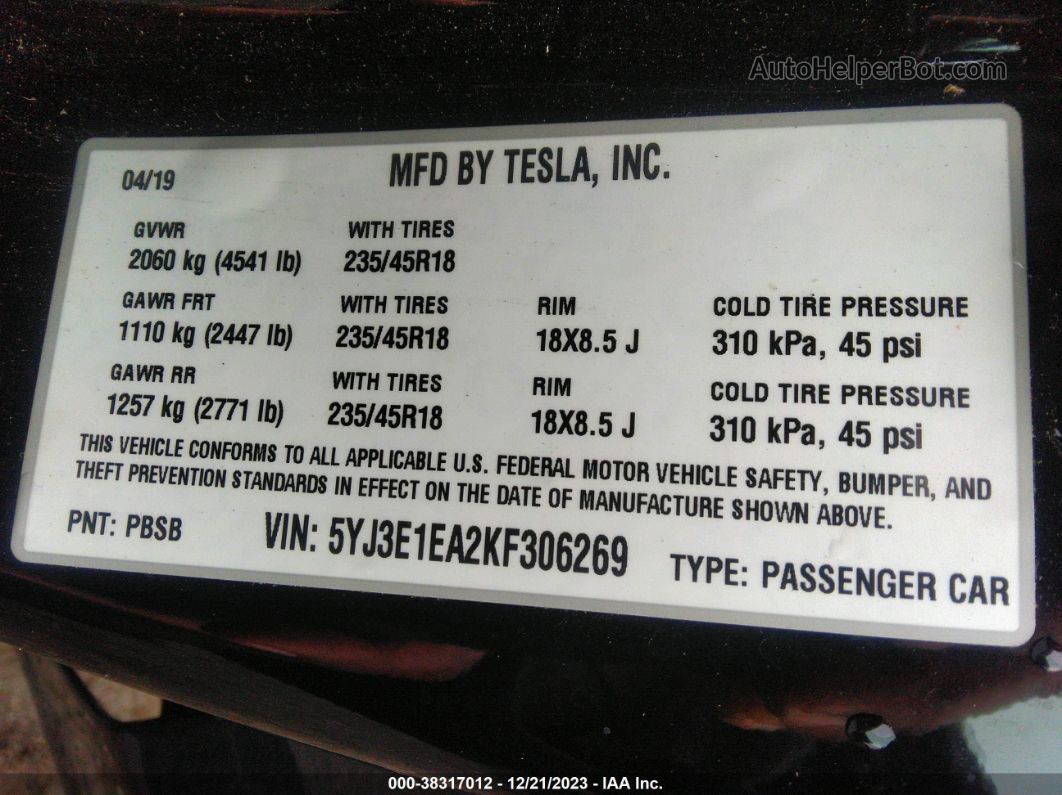 2019 Tesla Model 3 Long Range/mid Range/standard Range/standard Range Plus Черный vin: 5YJ3E1EA2KF306269