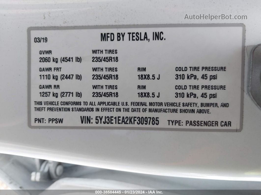 2019 Tesla Model 3 Long Range/mid Range/standard Range/standard Range Plus White vin: 5YJ3E1EA2KF309785