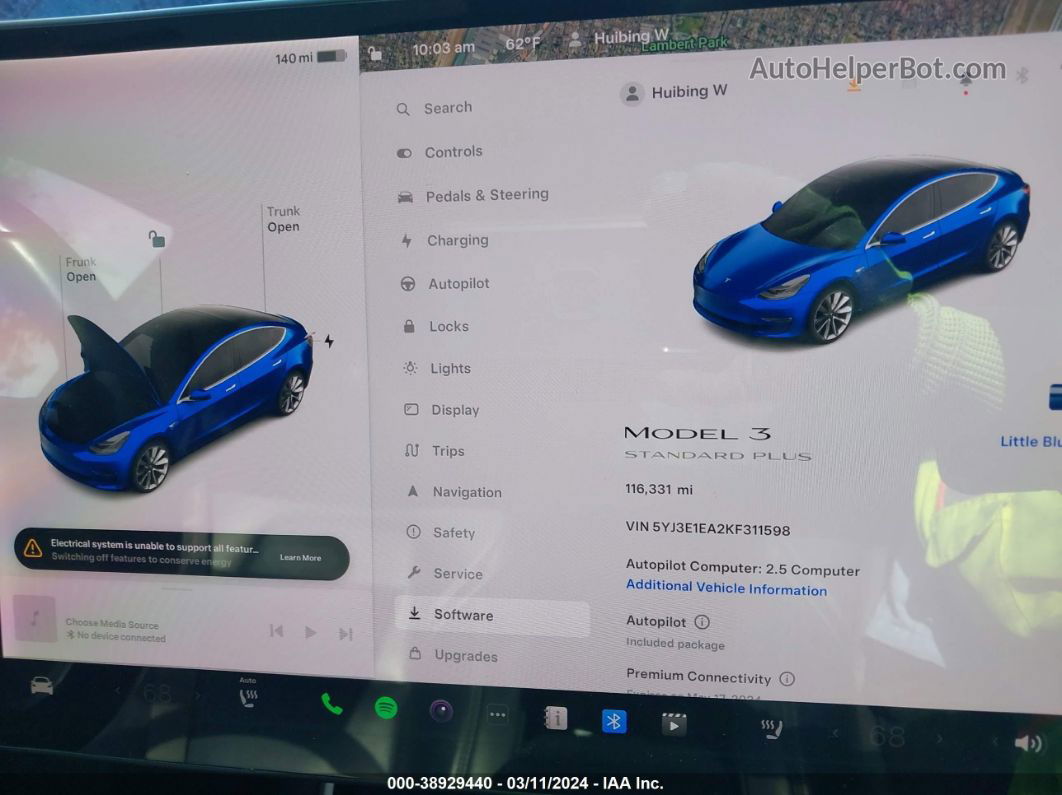 2019 Tesla Model 3 Long Range/mid Range/standard Range/standard Range Plus Blue vin: 5YJ3E1EA2KF311598