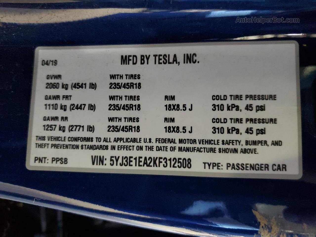 2019 Tesla Model 3  Blue vin: 5YJ3E1EA2KF312508