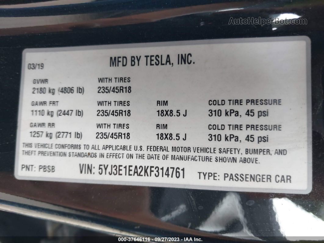 2019 Tesla Model 3 Standard Range/standard Range Plus/long Range/mid Range Черный vin: 5YJ3E1EA2KF314761