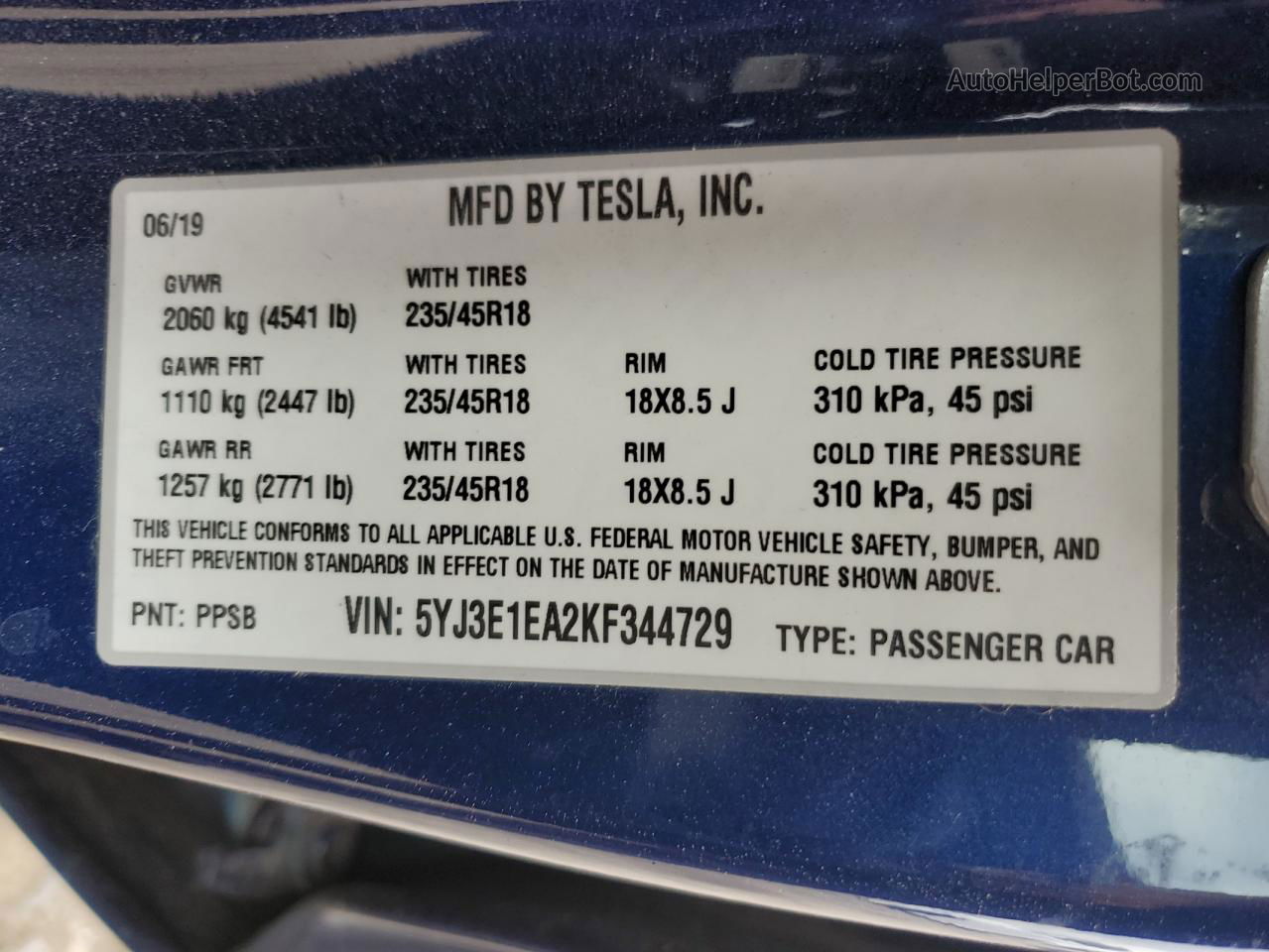 2019 Tesla Model 3  Blue vin: 5YJ3E1EA2KF344729