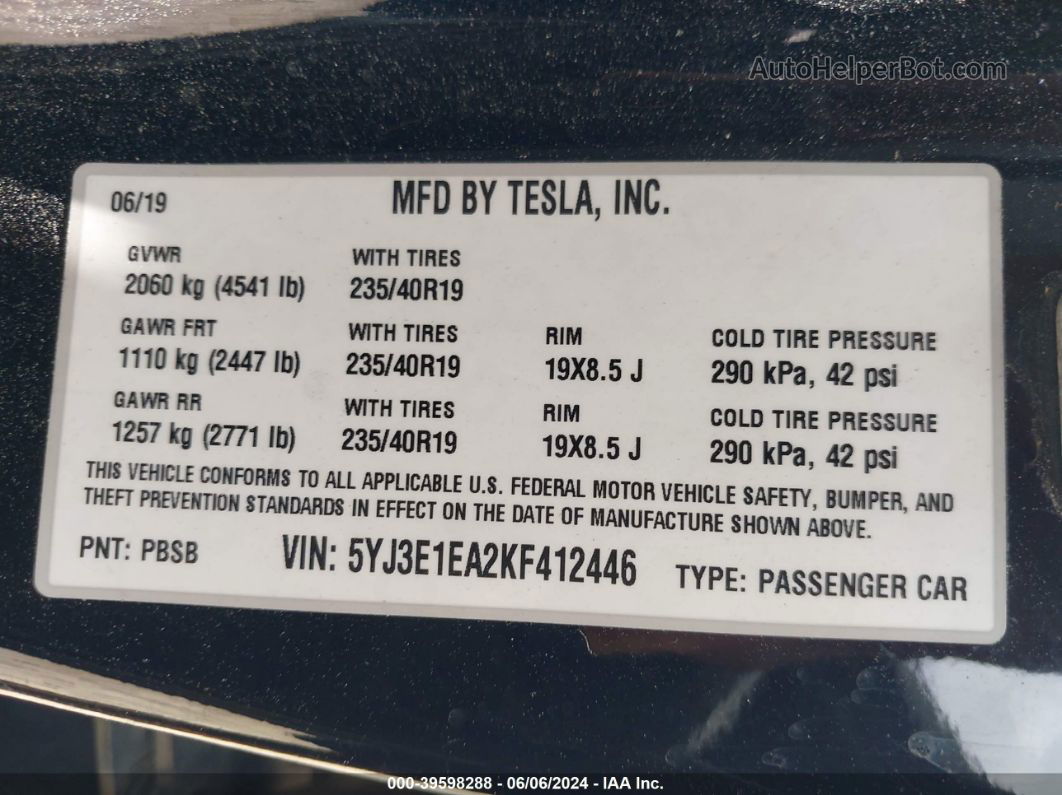 2019 Tesla Model 3 Long Range/mid Range/standard Range/standard Range Plus Black vin: 5YJ3E1EA2KF412446