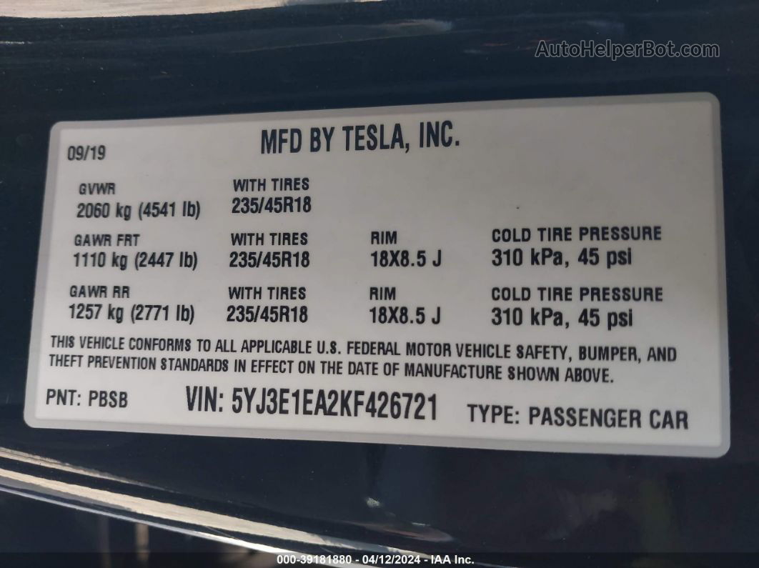 2019 Tesla Model 3 Черный vin: 5YJ3E1EA2KF426721