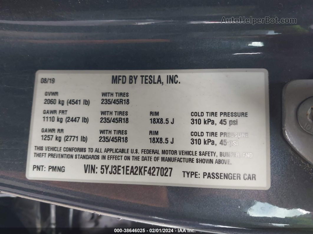 2019 Tesla Model 3 Long Range/mid Range/standard Range/standard Range Plus Gray vin: 5YJ3E1EA2KF427027