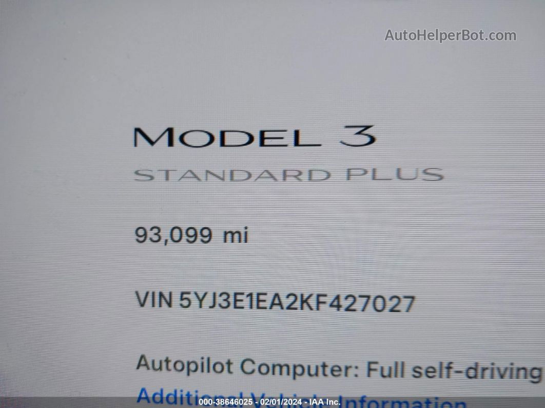 2019 Tesla Model 3 Long Range/mid Range/standard Range/standard Range Plus Серый vin: 5YJ3E1EA2KF427027