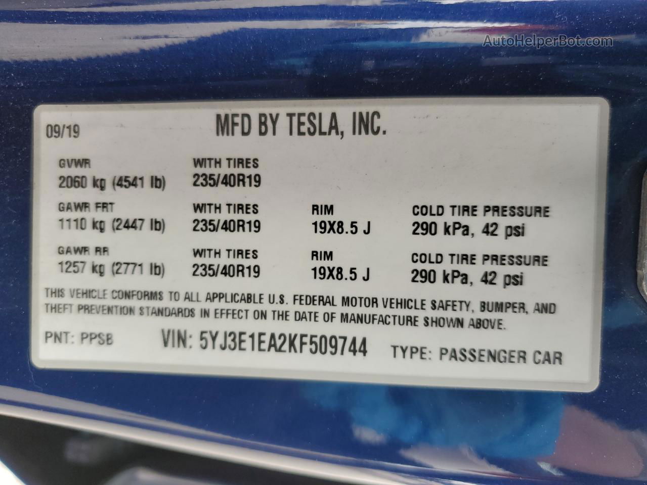 2019 Tesla Model 3  Blue vin: 5YJ3E1EA2KF509744