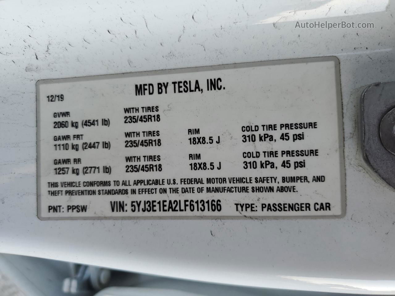 2020 Tesla Model 3  White vin: 5YJ3E1EA2LF613166