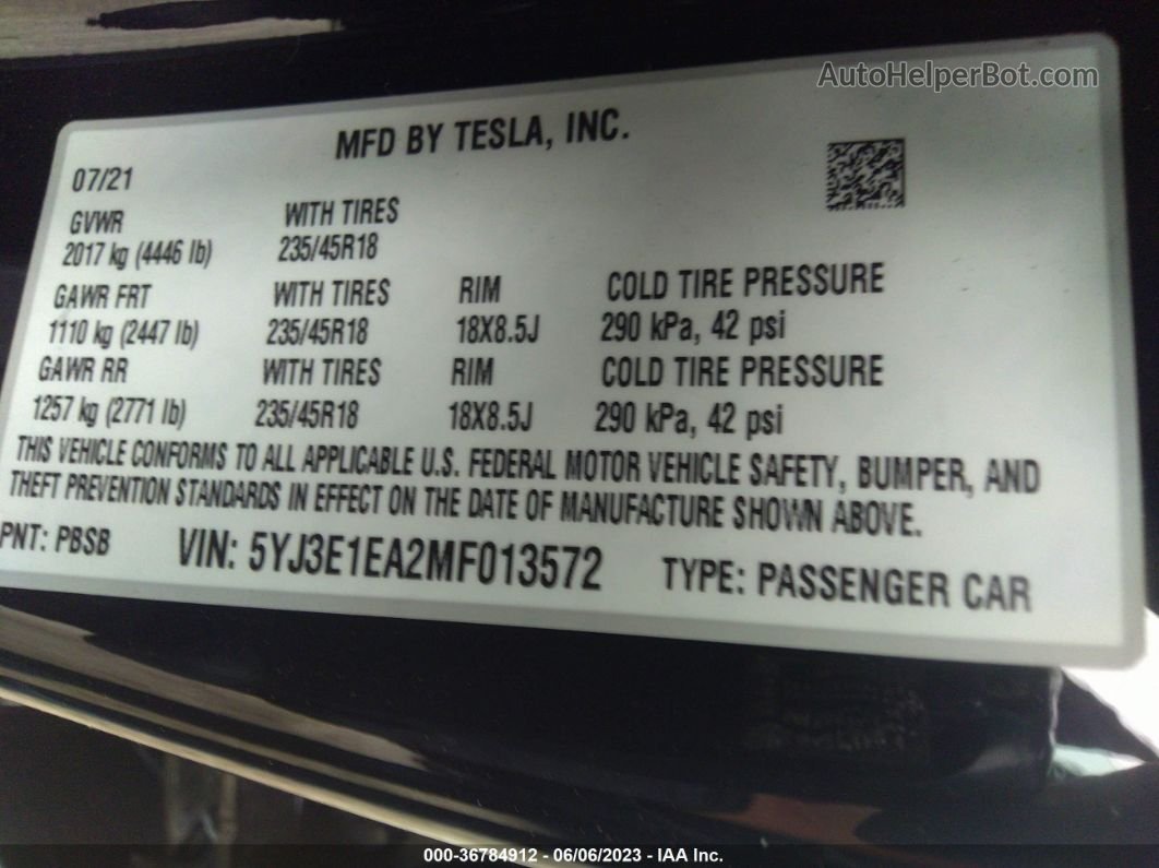 2021 Tesla Model 3 Standard Range Plus Черный vin: 5YJ3E1EA2MF013572