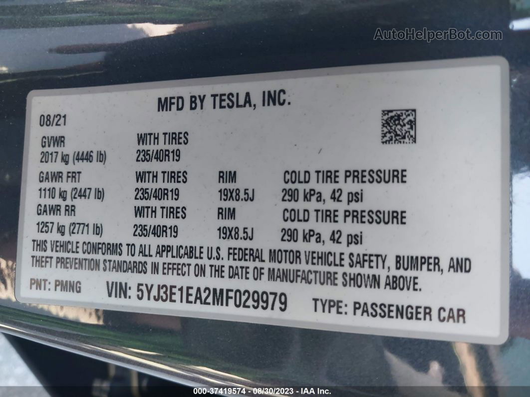 2021 Tesla Model 3 Standard Range Plus Серый vin: 5YJ3E1EA2MF029979