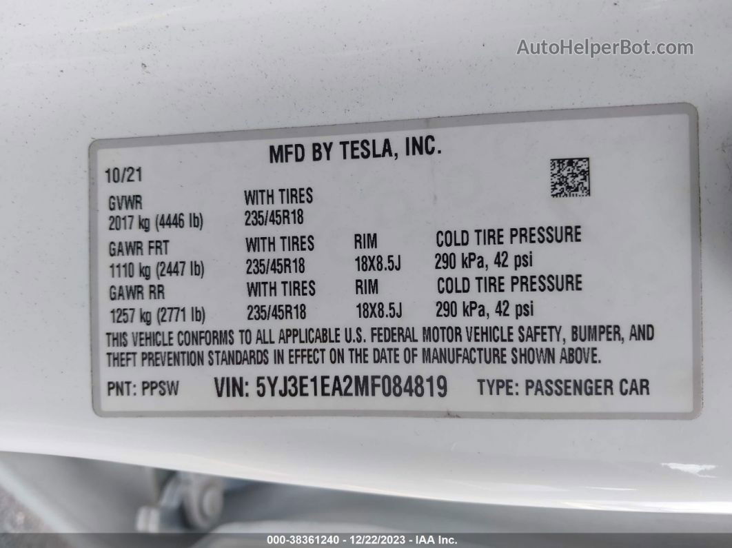 2021 Tesla Model 3 Standard Range Plus Rear-wheel Drive White vin: 5YJ3E1EA2MF084819