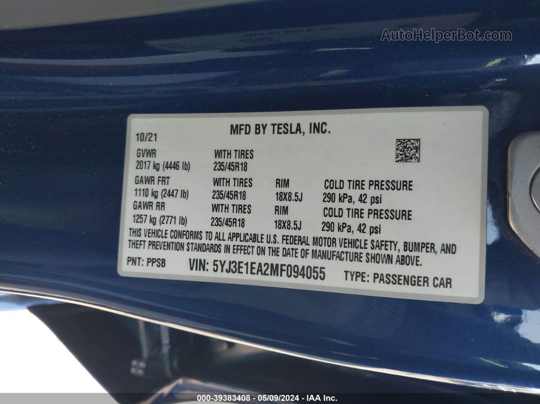 2021 Tesla Model 3 Standard Range Plus Rear-wheel Drive Blue vin: 5YJ3E1EA2MF094055