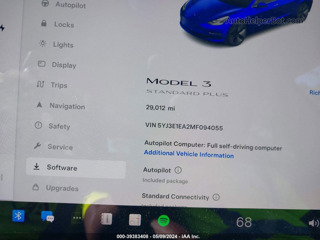 2021 Tesla Model 3 Standard Range Plus Rear-wheel Drive Blue vin: 5YJ3E1EA2MF094055