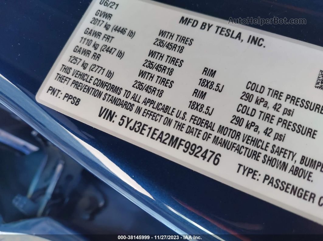 2021 Tesla Model 3 Standard Range Plus Rear-wheel Drive Dark Blue vin: 5YJ3E1EA2MF992476