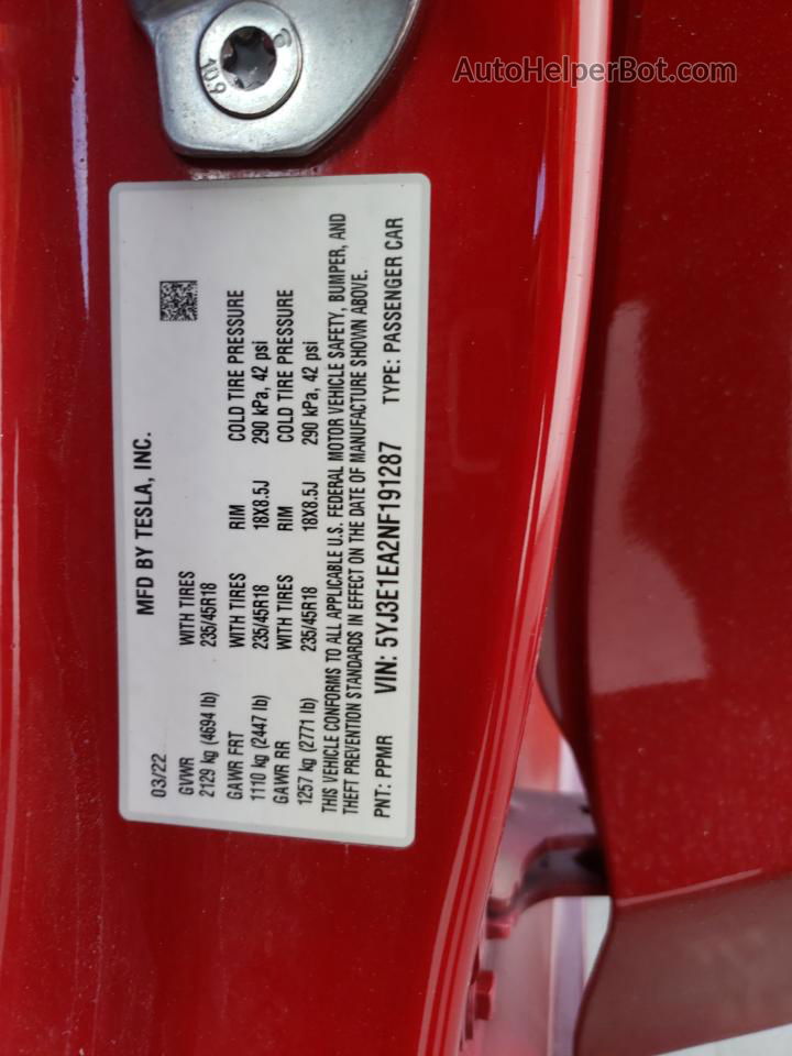 2022 Tesla Model 3  Red vin: 5YJ3E1EA2NF191287