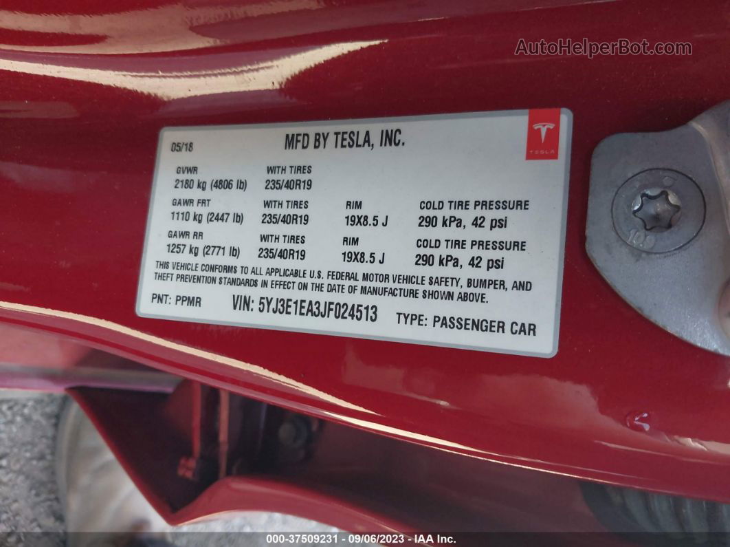 2018 Tesla Model 3 Range Battery Red vin: 5YJ3E1EA3JF024513