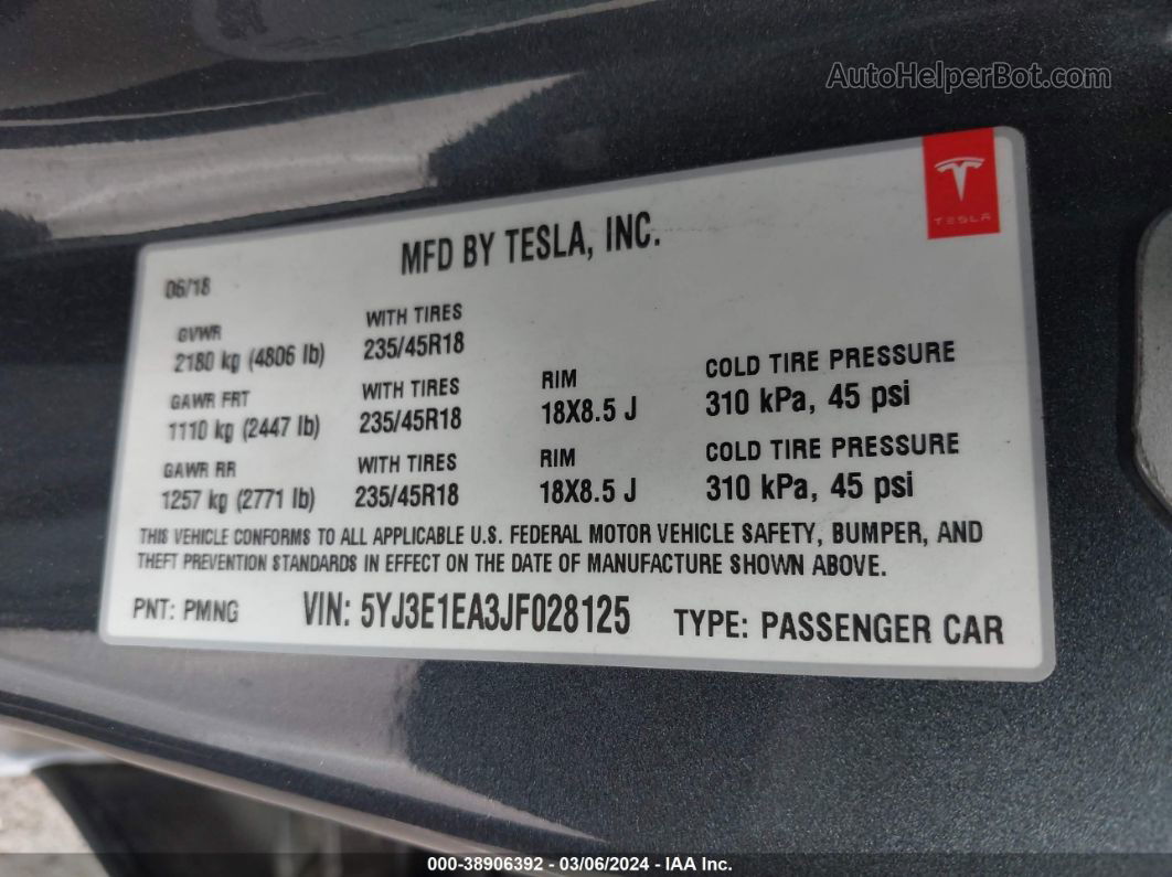 2018 Tesla Model 3 Long Range/mid Range Серый vin: 5YJ3E1EA3JF028125