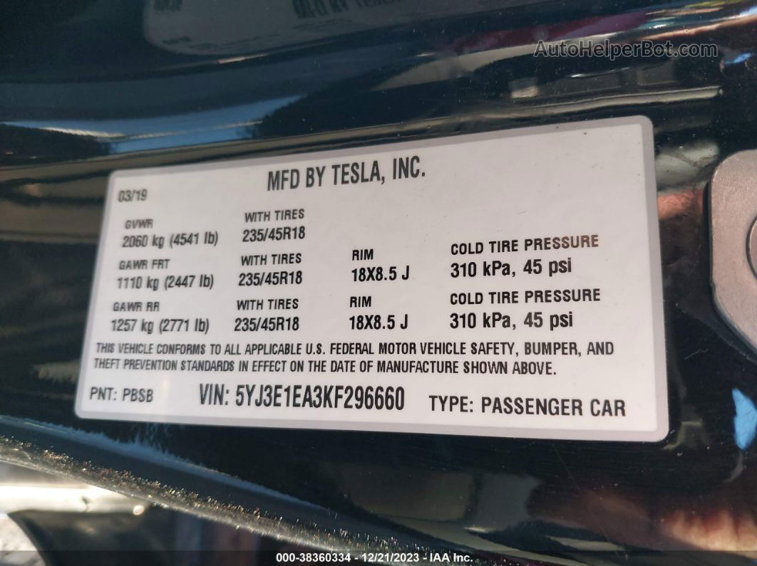 2019 Tesla Model 3 Long Range/mid Range/standard Range/standard Range Plus Черный vin: 5YJ3E1EA3KF296660