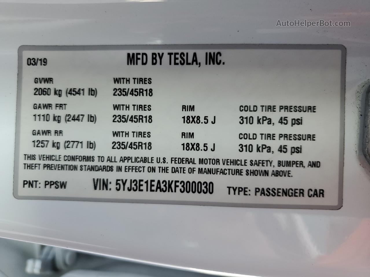 2019 Tesla Model 3  White vin: 5YJ3E1EA3KF300030