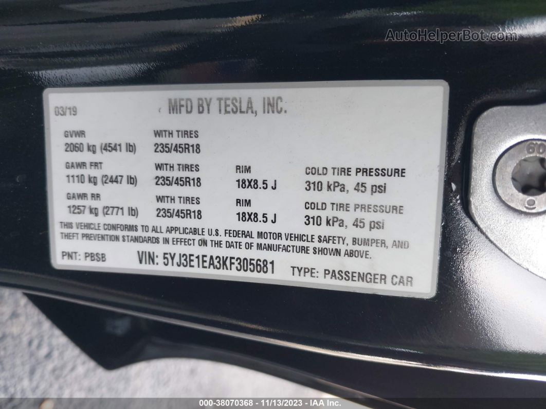 2019 Tesla Model 3 Standard Range/standard Range Plus/long Range/mid Range Black vin: 5YJ3E1EA3KF305681