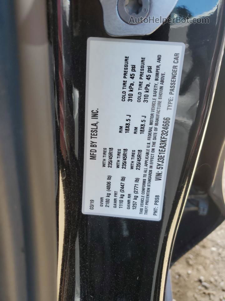 2019 Tesla Model 3  Black vin: 5YJ3E1EA3KF324666