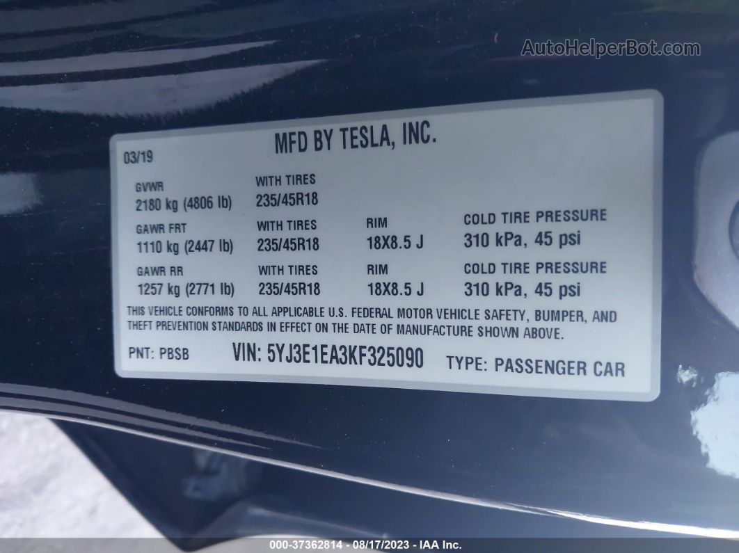 2019 Tesla Model 3 Range Черный vin: 5YJ3E1EA3KF325090