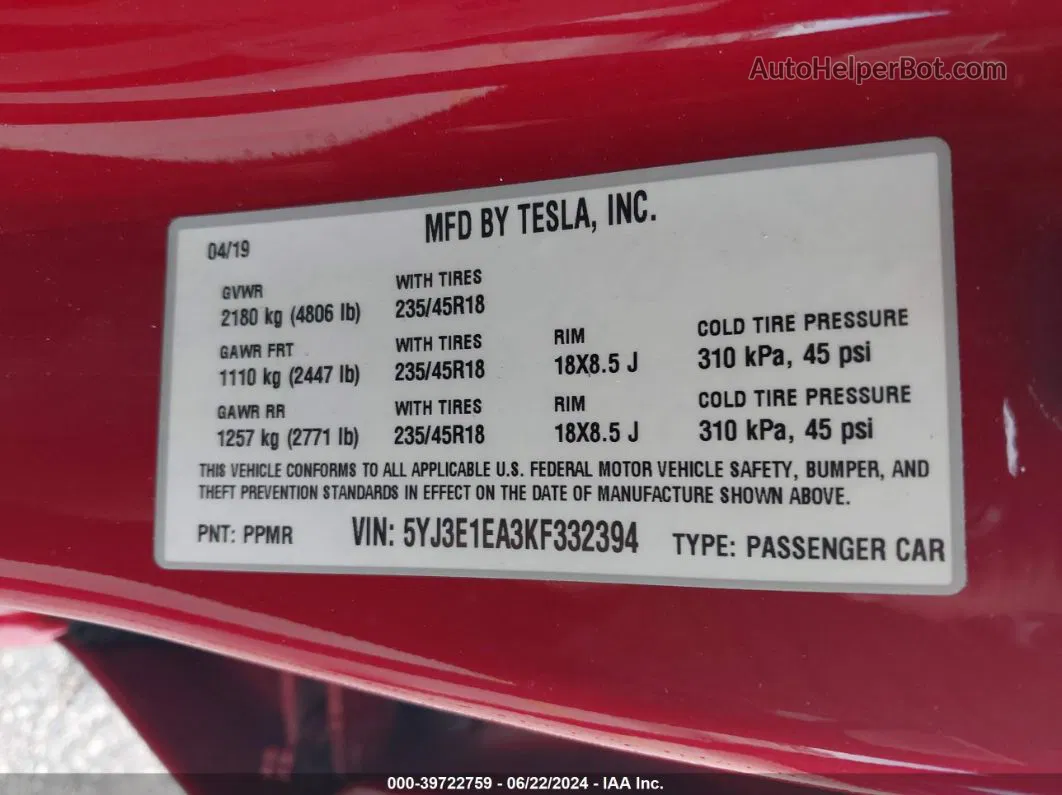 2019 Tesla Model 3   Red vin: 5YJ3E1EA3KF332394