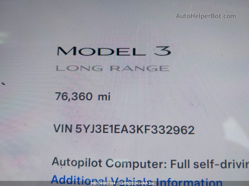 2019 Tesla Model 3 Long Range/mid Range/standard Range/standard Range Plus Серый vin: 5YJ3E1EA3KF332962