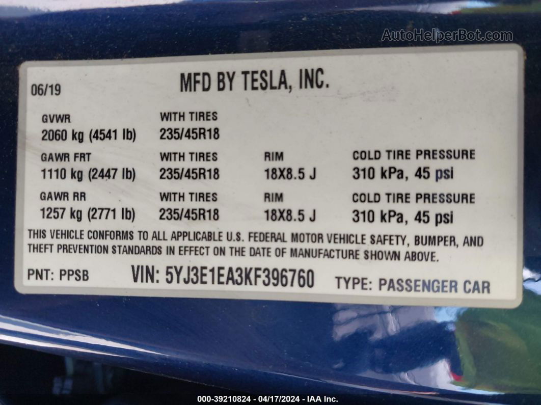 2019 Tesla Model 3 Long Range/mid Range/standard Range/standard Range Plus Dark Blue vin: 5YJ3E1EA3KF396760