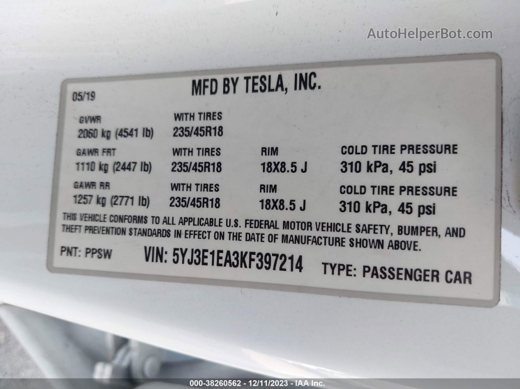 2019 Tesla Model 3 Long Range/mid Range/standard Range/standard Range Plus White vin: 5YJ3E1EA3KF397214