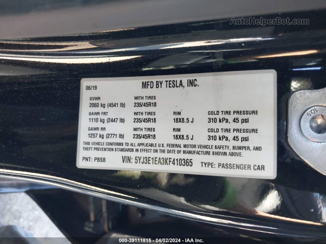 2019 Tesla Model 3   Black vin: 5YJ3E1EA3KF410365