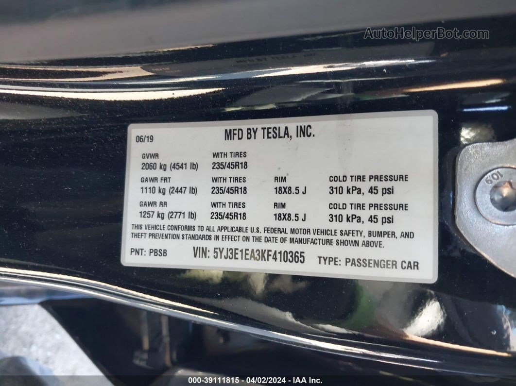 2019 Tesla Model 3   Черный vin: 5YJ3E1EA3KF410365