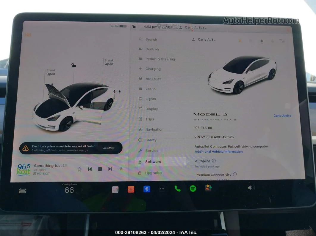 2019 Tesla Model 3 Long Range/mid Range/standard Range/standard Range Plus White vin: 5YJ3E1EA3KF425125