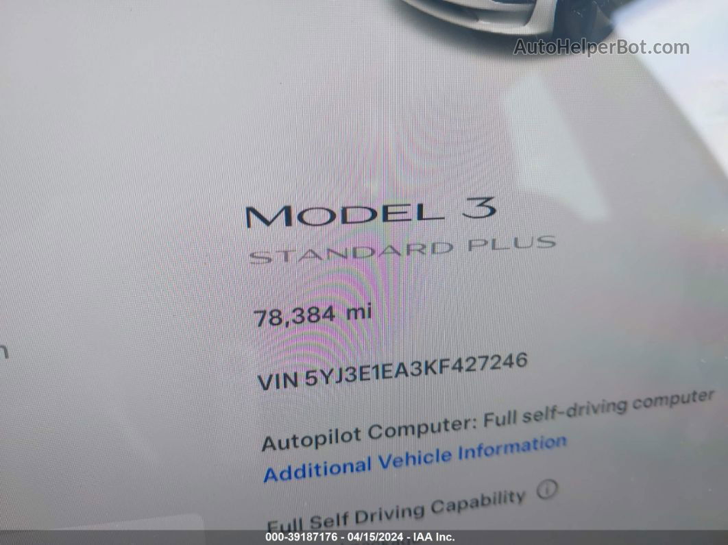 2019 Tesla Model 3   Белый vin: 5YJ3E1EA3KF427246