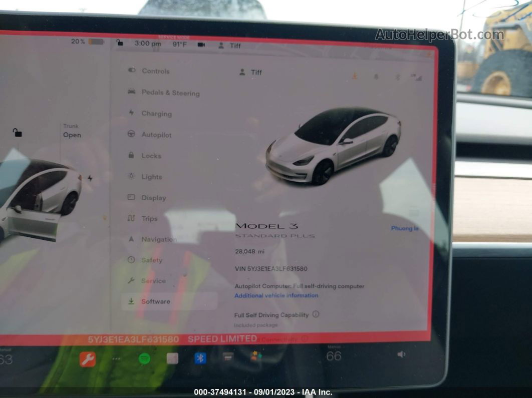 2020 Tesla Model 3 Standard Range Plus Rear-wheel Drive/standard Range Rear-wheel Drive White vin: 5YJ3E1EA3LF631580