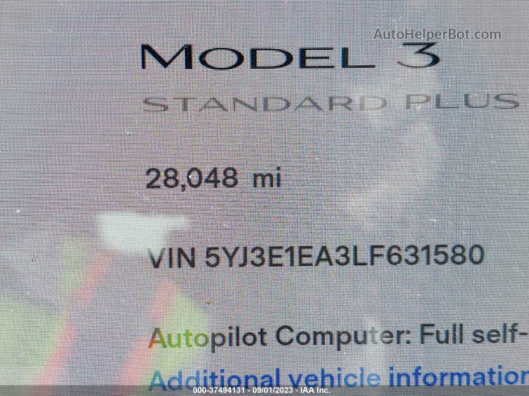 2020 Tesla Model 3 Standard Range Plus Rear-wheel Drive/standard Range Rear-wheel Drive White vin: 5YJ3E1EA3LF631580