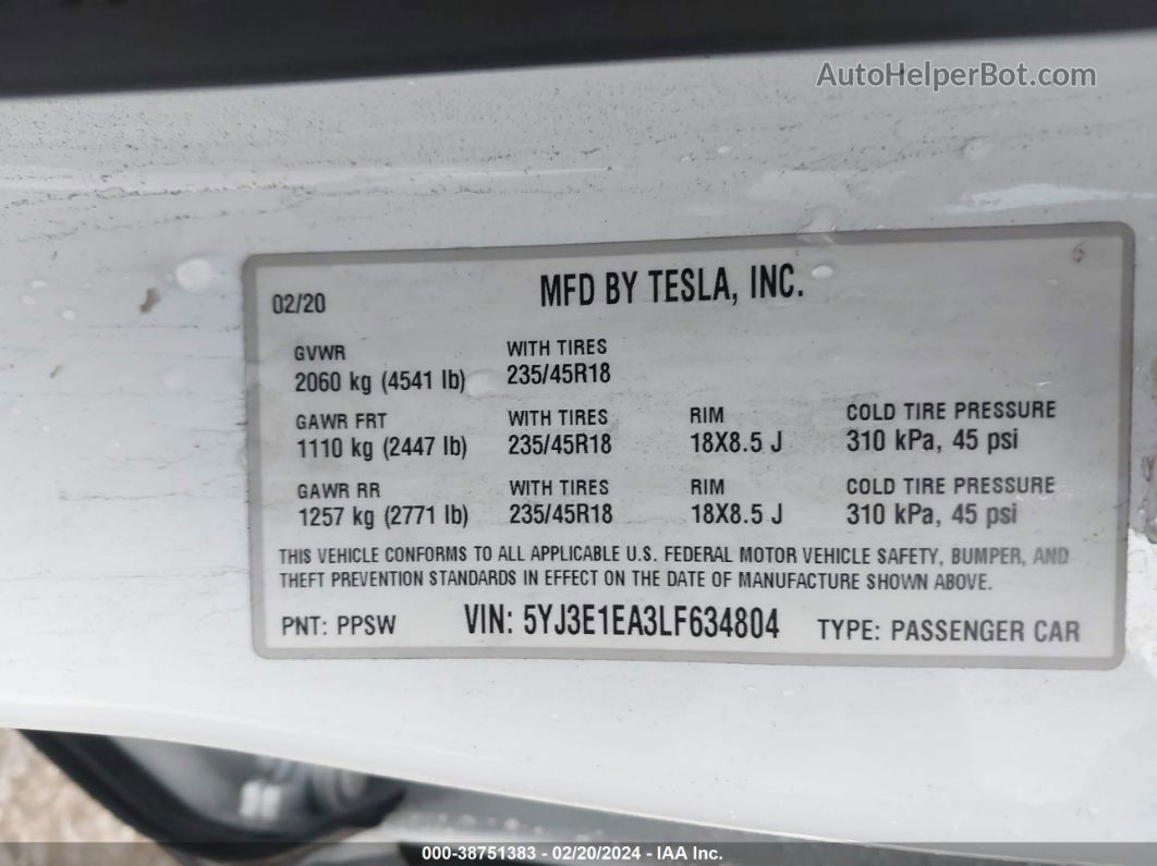 2020 Tesla Model 3 Standard Range Plus Rear-wheel Drive/standard Range Rear-wheel Drive Gray vin: 5YJ3E1EA3LF634804