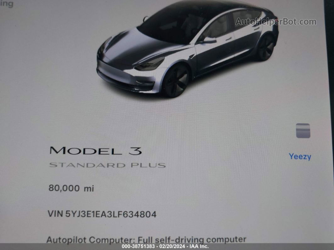 2020 Tesla Model 3 Standard Range Plus Rear-wheel Drive/standard Range Rear-wheel Drive Серый vin: 5YJ3E1EA3LF634804