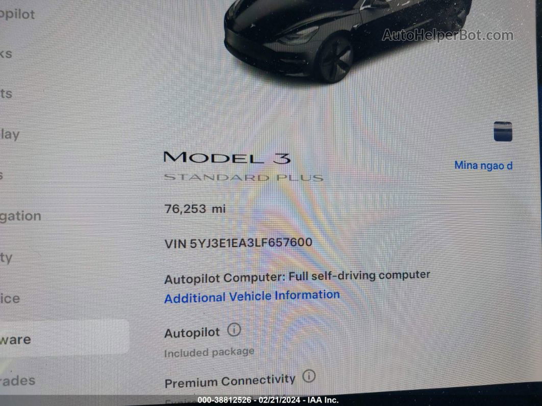 2020 Tesla Model 3 Standard Range Plus Rear-wheel Drive/standard Range Rear-wheel Drive Black vin: 5YJ3E1EA3LF657600