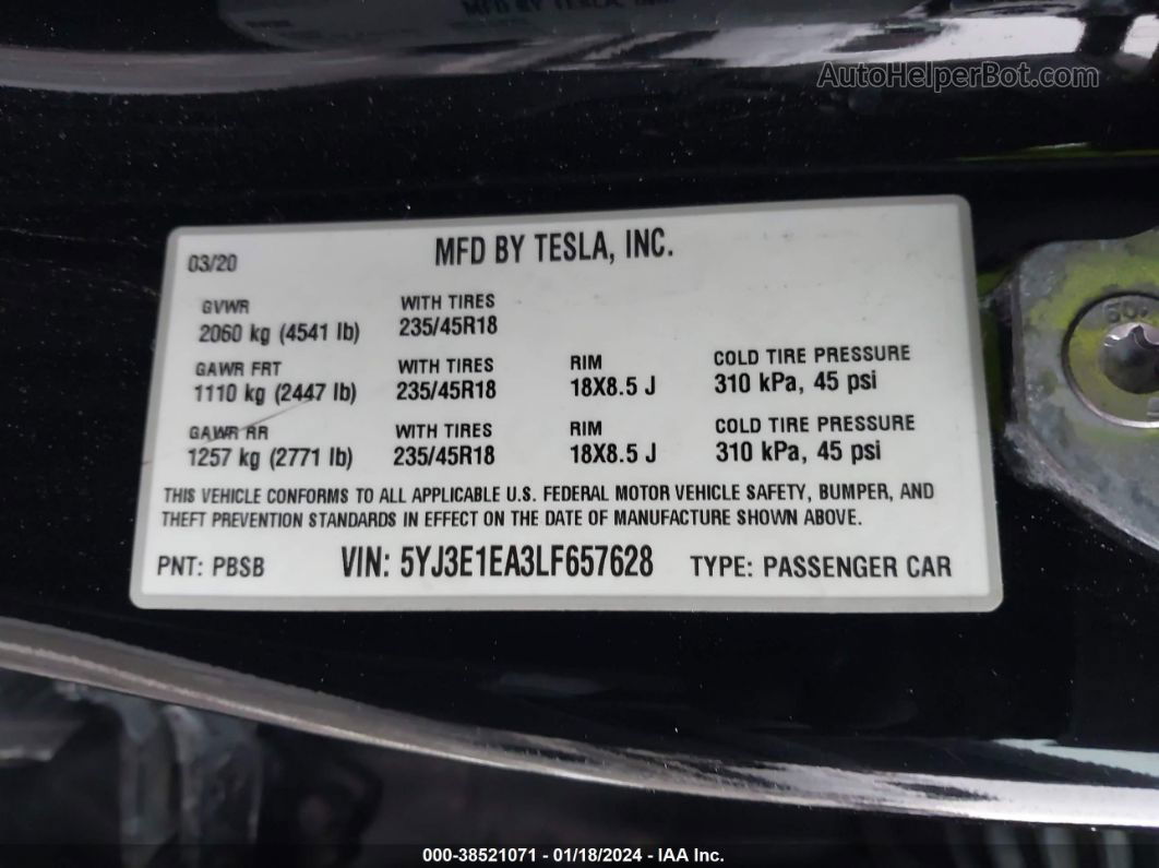 2020 Tesla Model 3 Standard Range Plus Rear-wheel Drive/standard Range Rear-wheel Drive Black vin: 5YJ3E1EA3LF657628