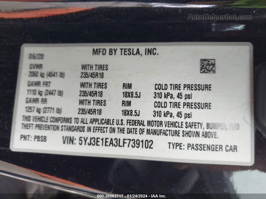 2020 Tesla Model 3 Standard Range Plus Rear-wheel Drive/standard Range Rear-wheel Drive Black vin: 5YJ3E1EA3LF739102