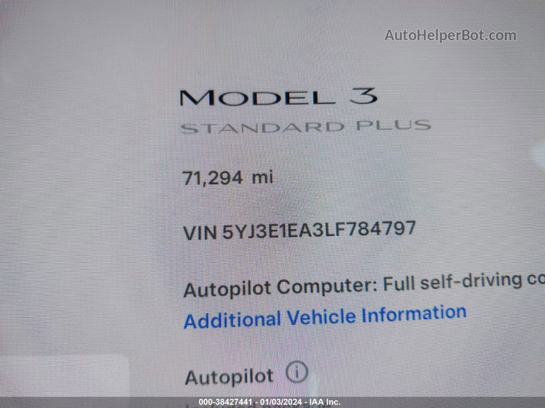 2020 Tesla Model 3   Black vin: 5YJ3E1EA3LF784797