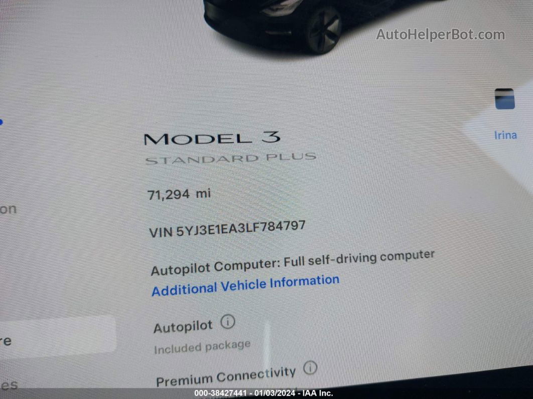 2020 Tesla Model 3   Black vin: 5YJ3E1EA3LF784797